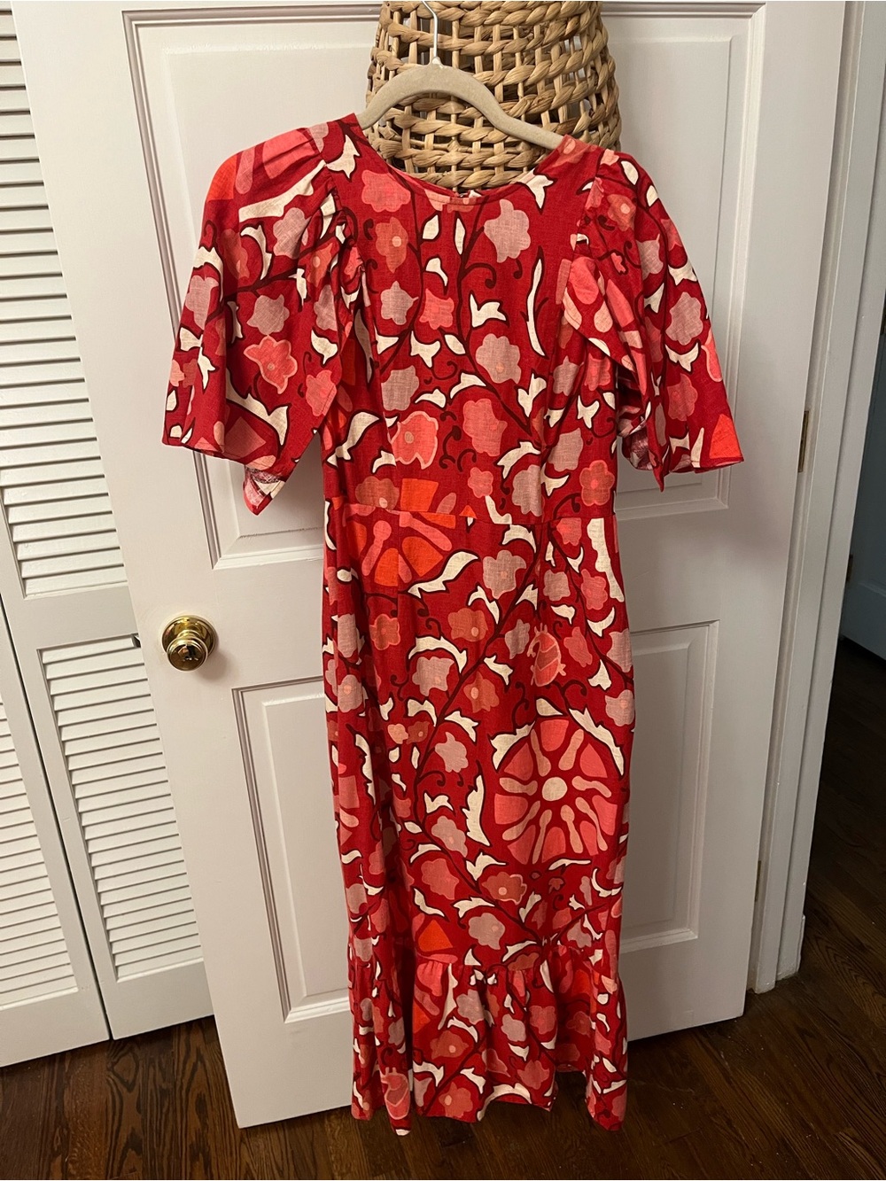 RHODE Red Floral Midi Dress with Flutter Sleeves